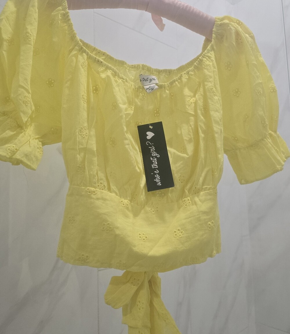 Who's that girl Neon-Yellow Off-Shoulder Puff Sleeve Tie-Back, Crop Top, XL, NWT